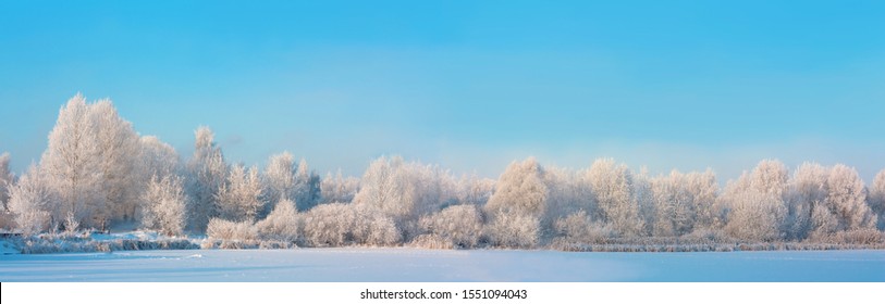 Winter Landscape With Frozen Lake And Trees Covered With Snow, Panorama With Snowy Forest, River And Clear Blue Sky