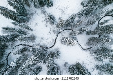 Winter Landscape With Frozen River. Top Down Drone View.