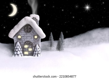 Winter Landscape: House And Fir-trees In The Snow. Christmas Starry Night.