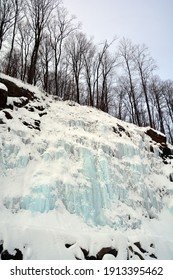 Winter Landscape Ice Wall In Shefford Mountain, Ice Runs Off The Rock Eastern Township  Quebec, Canada