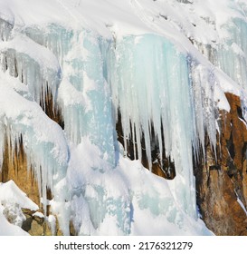 Winter Landscape Ice Wall In Shefford Mountain, Ice Runs Off The Rock Eastern Township  Quebec, Canada