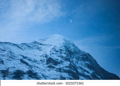 Winter Landscape: Icy Snow On A Dawn With Moonlight. 