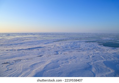 Winter Landscape, Lake Covered Ice And Snow