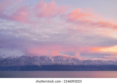 Winter landscape of lake Geneva or Lac Leman at sunset, Switzerland