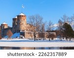 Winter landscape with Olavinlinna fortress, this is a 15th-century three-tower castle located in Savonlinna, Finland