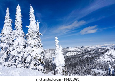 Winter landscape on Big Mountain in Whitefish, Montana, overlooking Glacier National Park, with copy space