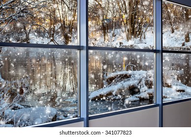 Winter Landscape Outside The Window. Christmas Background 