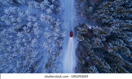 Winter Landscape With Red Car Driving At Night. Lights Of Car And Winter Snowy Road In Dark Forest, Big Fir Trees Covered Snow. Top Down View. 