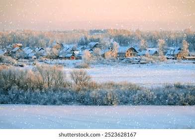 Winter landscape scene. Bird's eye view of winter countryside area - winter sunset landscape with snowfall - Powered by Shutterstock