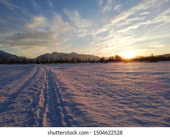 winter landscape with the setting sun in the background
