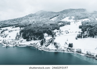  Winter Landscape with Snow Covered Hills and Frozen Lake from Aerial View, Alpine Scenery in Cold Climate, European Countryside - Powered by Shutterstock