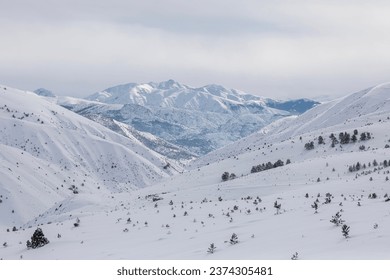 winter landscape with snowy mountains and trees