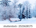 Winter landscape. Snowy trees along the winter park and a park bench covered with frost and snow. Winter wonderland scene