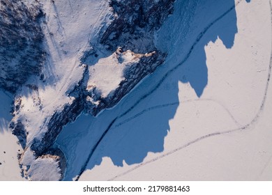 Winter Landscape Sunny Day Blue Clear Ice On Baikal Lake Aerial Top View.