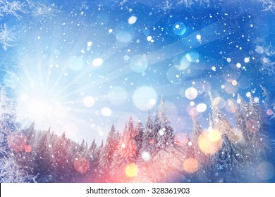 Winter Landscape Trees Snowbound, Bokeh Background With Snowflakes