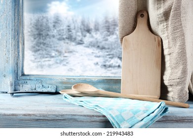 Winter Landscape And Window In Kitchen Place 