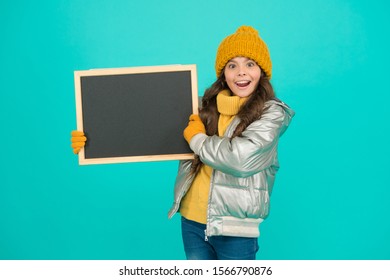 Winter Leisure. Smiling Girl Wear Winter Outfit Show Blank Chalkboard Copy Space. Winter Event. Informing Kids Community. For More Information, You Can Find All Details Here. Important Announcement.