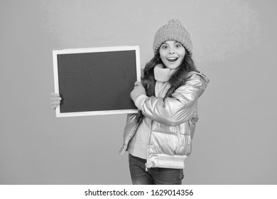 Winter Leisure. Smiling Girl Wear Winter Outfit Show Blank Chalkboard Copy Space. Winter Event. Informing Kids Community. For More Information, You Can Find All Details Here. Important Announcement.