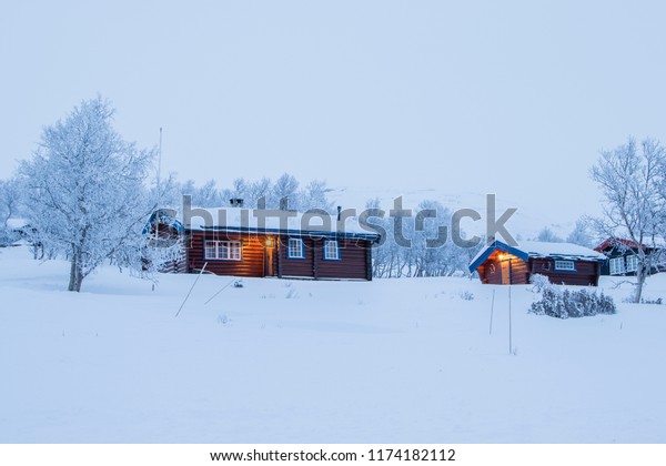 Winter Log Cabins Snow Norway Surrounded Stock Photo Edit Now