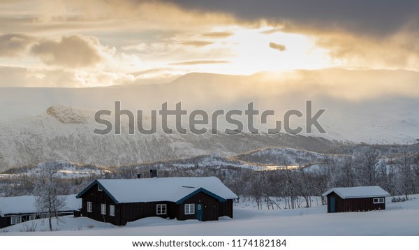 Winter Log Cabins Snow Norway Surrounded Royalty Free Stock Image