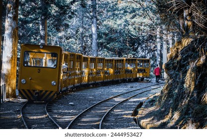 In a winter morning, the bumpy train of forestry railway in National Mt. Taiping Forest Park of Yilan County, NE Taiwan, arrives at Maoxing Station, preparing to turn back towards Mt. Taiping Station. - Powered by Shutterstock