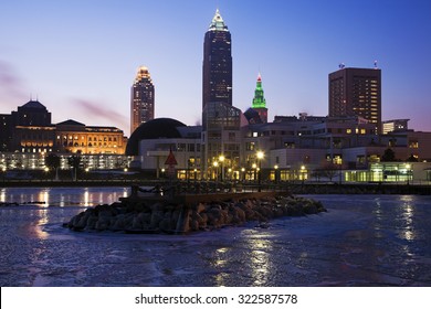 Winter Morning In Cleveland, Ohio. Seen With Frozen Lake Erie..