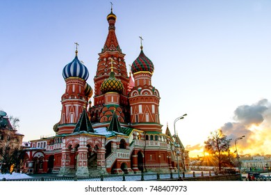 Winter morning in Moscow - St. Basil's Cathedral on Red Square illuminated by the rising sun