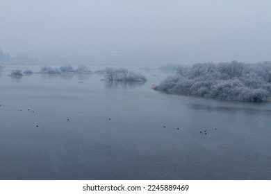 Winter morning scenery of the Soyang River with frosty flowers. - Powered by Shutterstock