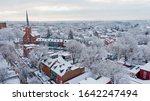 Winter morning, small American town covered in snow, idyllic landscape of colonial Lancaster, Pennsylvania after blizzard