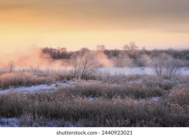 Winter and morning view of hoar frost on silver grass and trees against fog and ice on the river, Hokkaido, Japan
 - Powered by Shutterstock