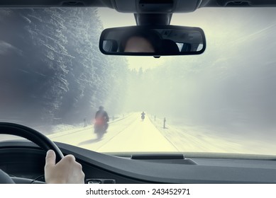 Winter Motorcycling - View From The Inside Of A Car.