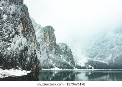 Winter In Mountain Lake Area, Fog Over Mountains, Moody Nature Landscape 