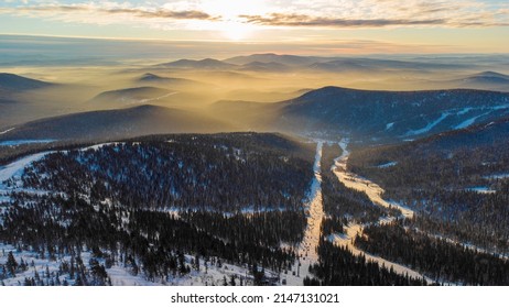 Winter Mountain Landscape From A Height, Aerial Photography, Sheregesh Ski Resort, Siberia, Russia