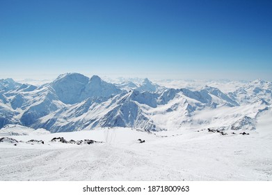 Winter Mountain Landscape, Mountains Covered With Snow  In South Russia, The Caucasus Mountain Range