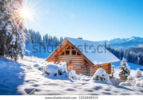 Winter Mountain Landscape Wooden House On Stock Image Download Now