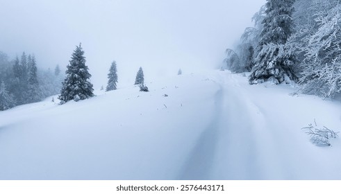 Winter mountain path among fields covered with a thick layer of snow in thick fog