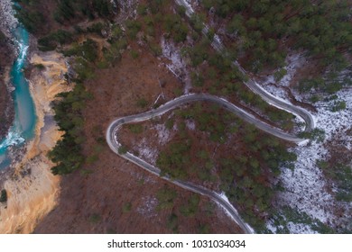 winter mountain road view from above