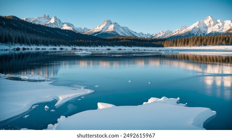 Winter mountains at sunrise. Amazing snowy nature landscape in sunlight. Scenery mountain clean icy lake in the morning.  - Powered by Shutterstock