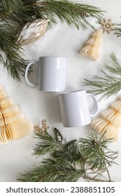 Winter Mug Mockup, 11oz Coffee Mug Mockup, PSD Holiday Mockup, Modern Mug Mockup, Christmas Template, Minimal Styled Stock, Flatlay Couple Mug 