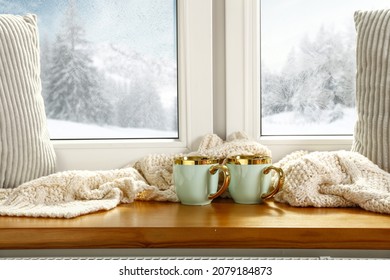 Winter Mug On Window And Free Space For Your Decoration. 