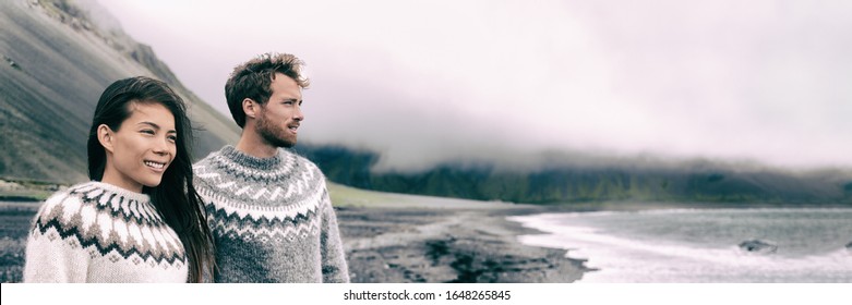 Winter Nature Panoramic People Couple Wearing Icelandic Wool Handknit Knitted Pullover Sweaters On Outdoor Beach Banner. Fashion Models Background.