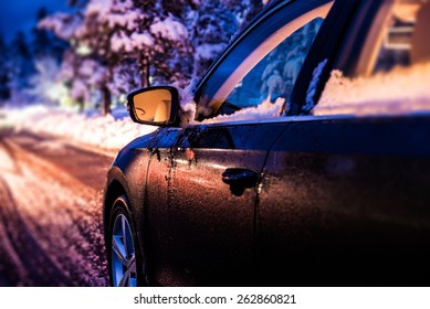 Winter Night Drive. Traveling By Car In Winter Conditions. Winter Season On The Road.