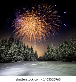 Winter night landscape with forest, pink polar light and fireworks over the taiga. New Year card with forest, fireworks and pink sky. - Powered by Shutterstock