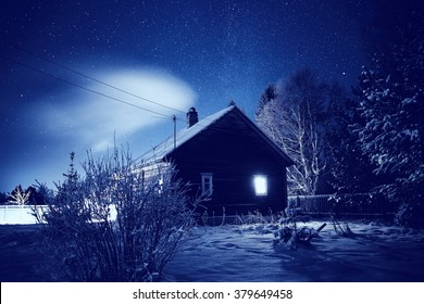 Winter Night Landscape Village Small House