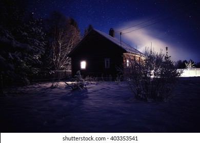 Winter Night Landscape Village Small House