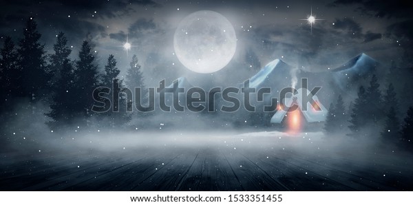 Winter night
scene. Winter in the forest, a house in the mountains. Forest
winter fairy tale. Dark night forest, big moon and snow,
snowdrifts. Waiting for a Christmas
miracle.