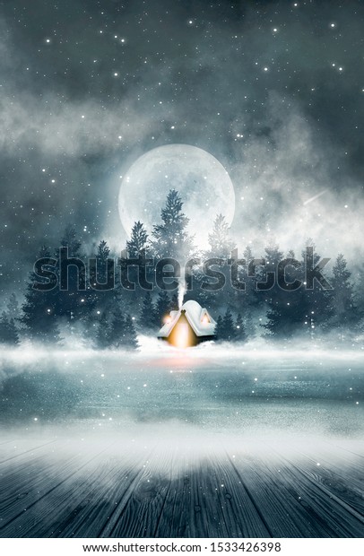 Winter night\
scene. Winter in the forest, a house in the mountains. Forest\
winter fairy tale. Dark night forest, big moon and snow,\
snowdrifts. Waiting for a Christmas\
miracle.