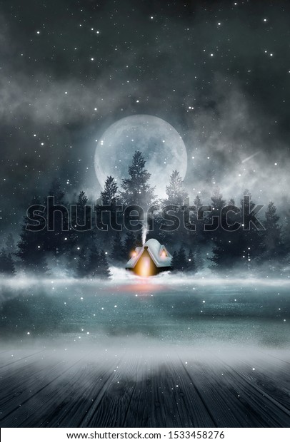 Winter night\
scene. Winter in the forest, a house in the mountains. Forest\
winter fairy tale. Dark night forest, big moon and snow,\
snowdrifts. Waiting for a Christmas\
miracle.