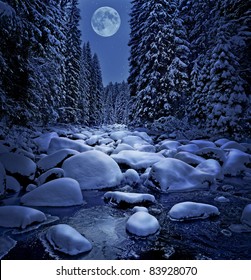 Winter Night Scenery With Mountain River