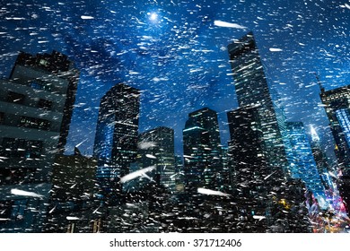 Winter In NYC. Snowstorm Night In New York City. Illumination And Night Lights. 